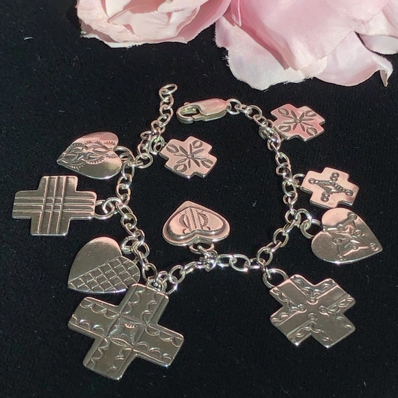 Sterling Silver Charm Bracelet w/Hearts&Crosses - Picture 4 of 7